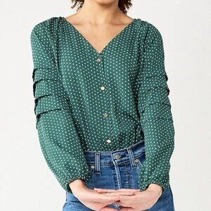 Draper James RSVP Green White Polka Dot Ruffled Sleeves Bodysuit Ladies Med BOHO